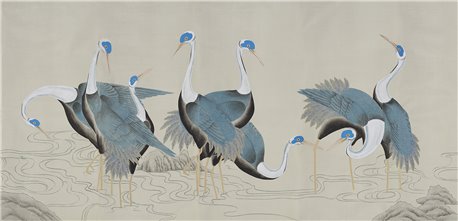 Sarus Cranes Full custom on Icefield dyed silk