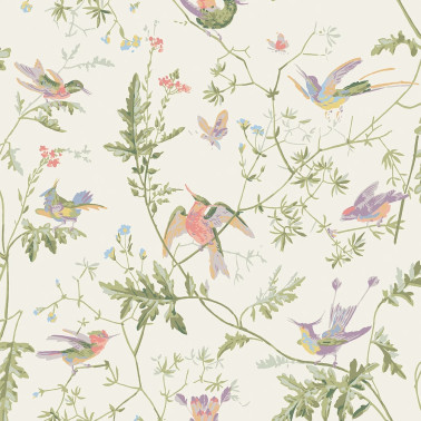 Hummingbirds Soft Multi Olive Green On White 100-14067