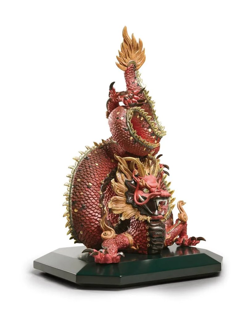 Escultura Dragón protector. Lustre oro y rojo. Serie limitada