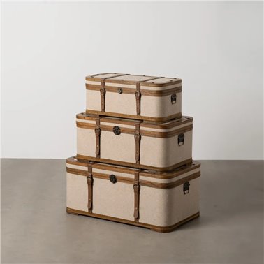 S/3 BAÚL BEIGE MADERA / TEJIDO 80 X 47,50 X 36 CM