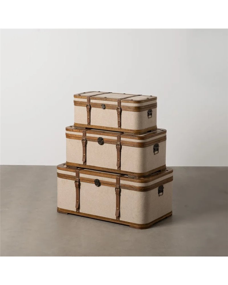 S/3 BAÚL BEIGE MADERA / TEJIDO 80 X 47,50 X 36 CM