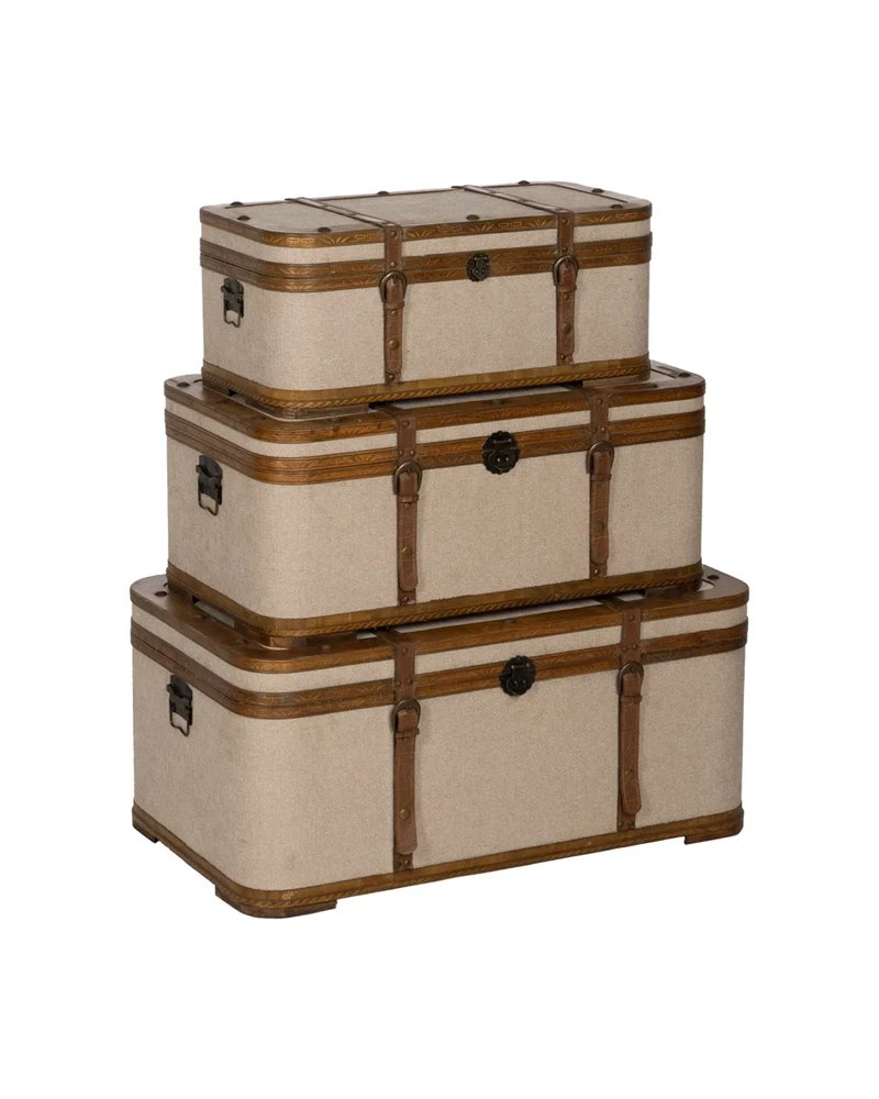 S/3 BAÚL BEIGE MADERA / TEJIDO 80 X 47,50 X 36 CM