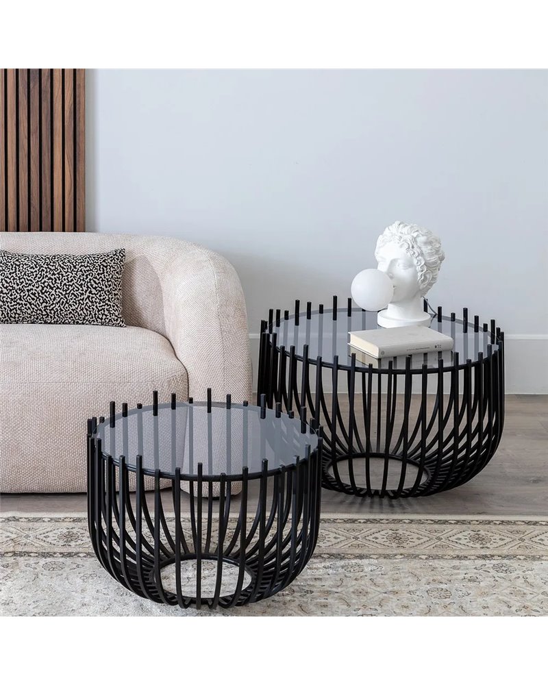 S/2 MESA CENTRO NEGRO METAL-CRISTAL 68 X 68 X 45 CM