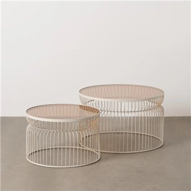 S/2 MESA CENTRO CREMA METAL-CRISTAL 65 X 65 X 40 CM