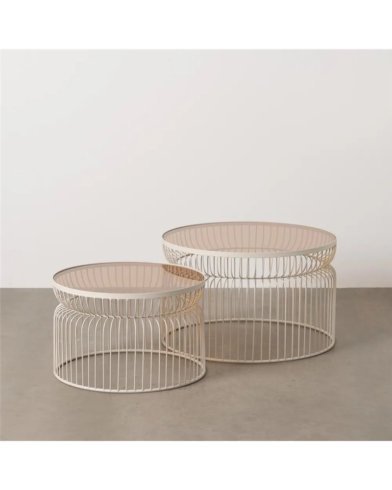 S/2 MESA CENTRO CREMA METAL-CRISTAL 65 X 65 X 40 CM