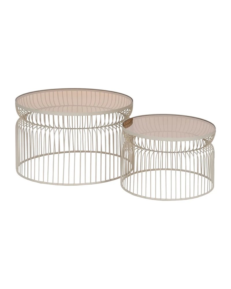S/2 MESA CENTRO CREMA METAL-CRISTAL 65 X 65 X 40 CM